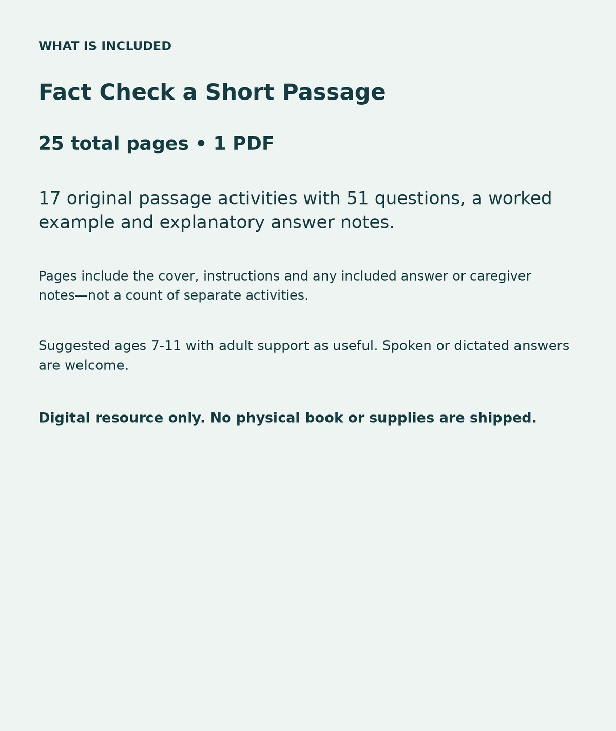 Fact Check a Short Passage: contents overview, 25 total pages in one PDF; 17 original passage activities with 51 questions, a worked example and explanatory answer notes.