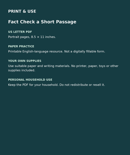 Fact Check a Short Passage: US Letter English printable PDF, not fillable; own supplies required; personal household use