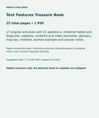 Text Features Treasure Book: contents overview, 25 total pages in one PDF; 17 original activities with 51 questions, rendered tables and diagrams, captions, contents and index examples, glossary, map key, timeline, worked example and answer notes.