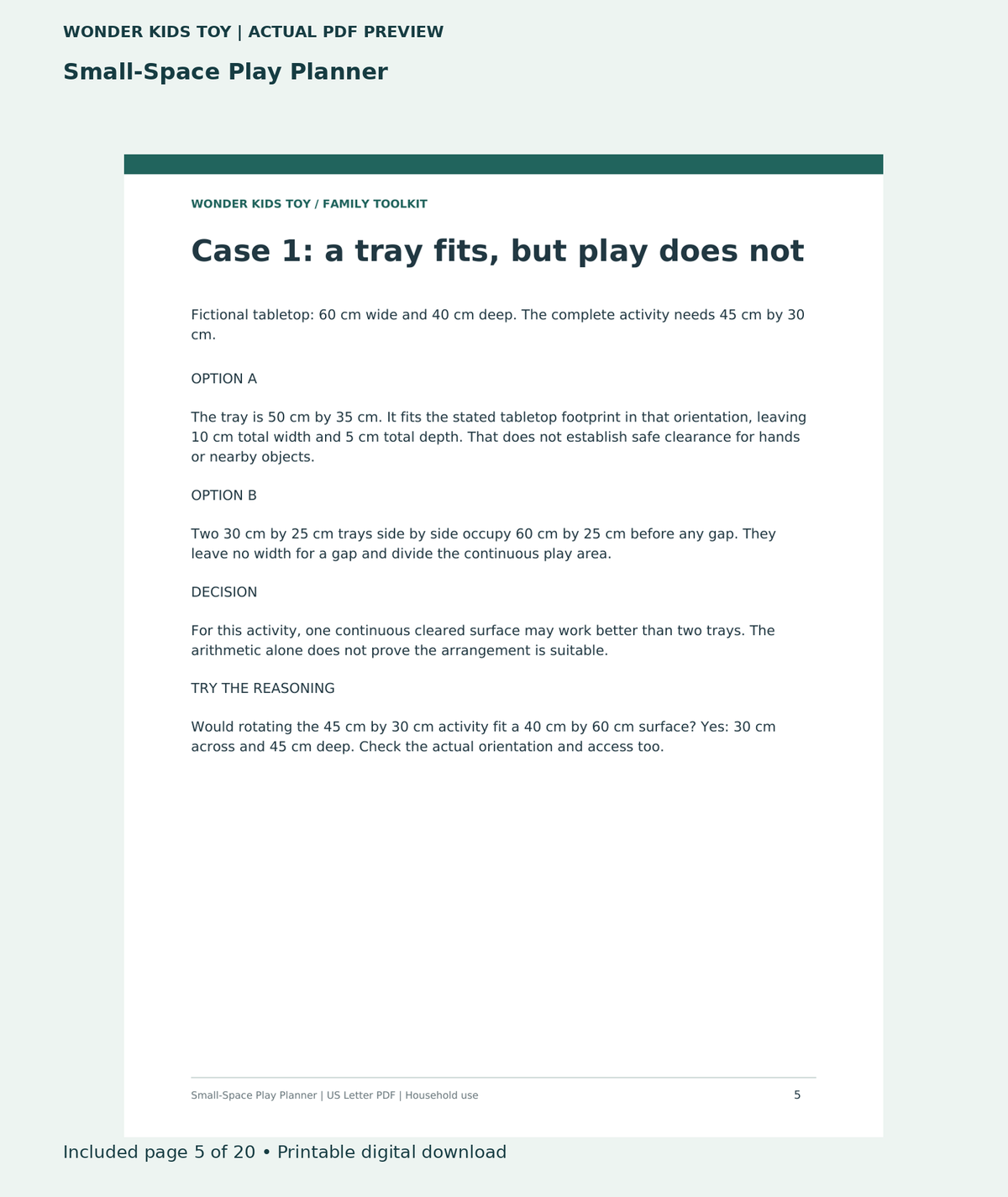 Small-Space Play Planner: actual included PDF page 5 of 20, readable interior preview