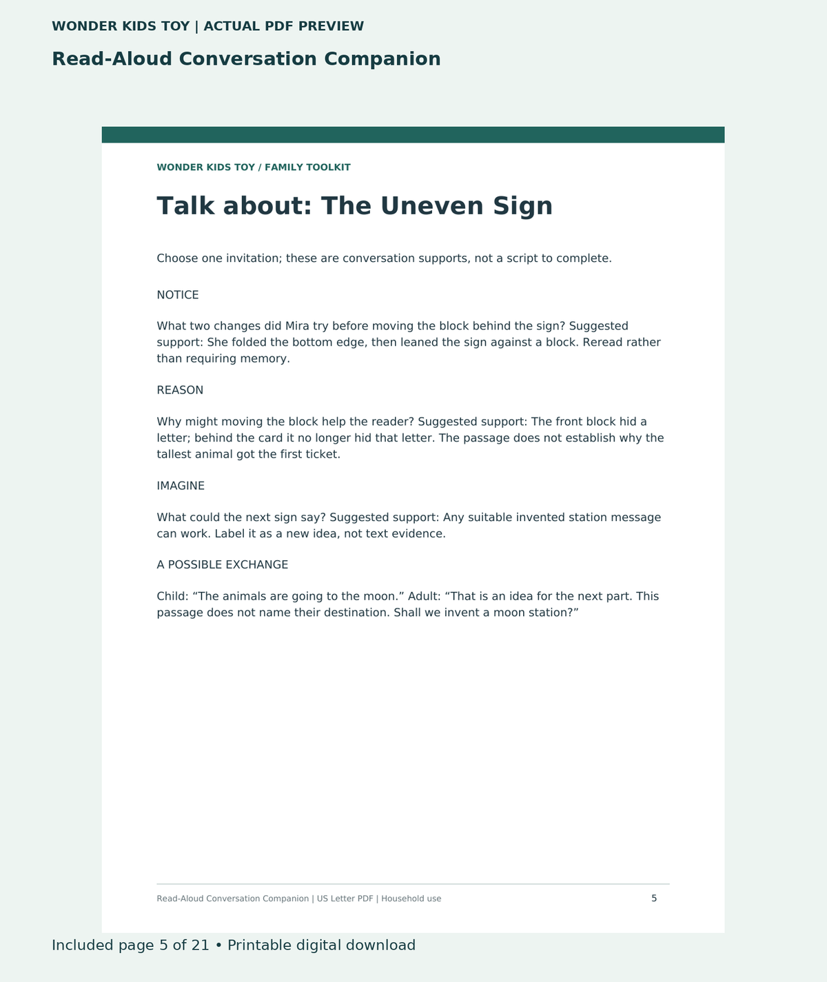 Read-Aloud Conversation Companion: actual included PDF page 5 of 21, readable interior preview