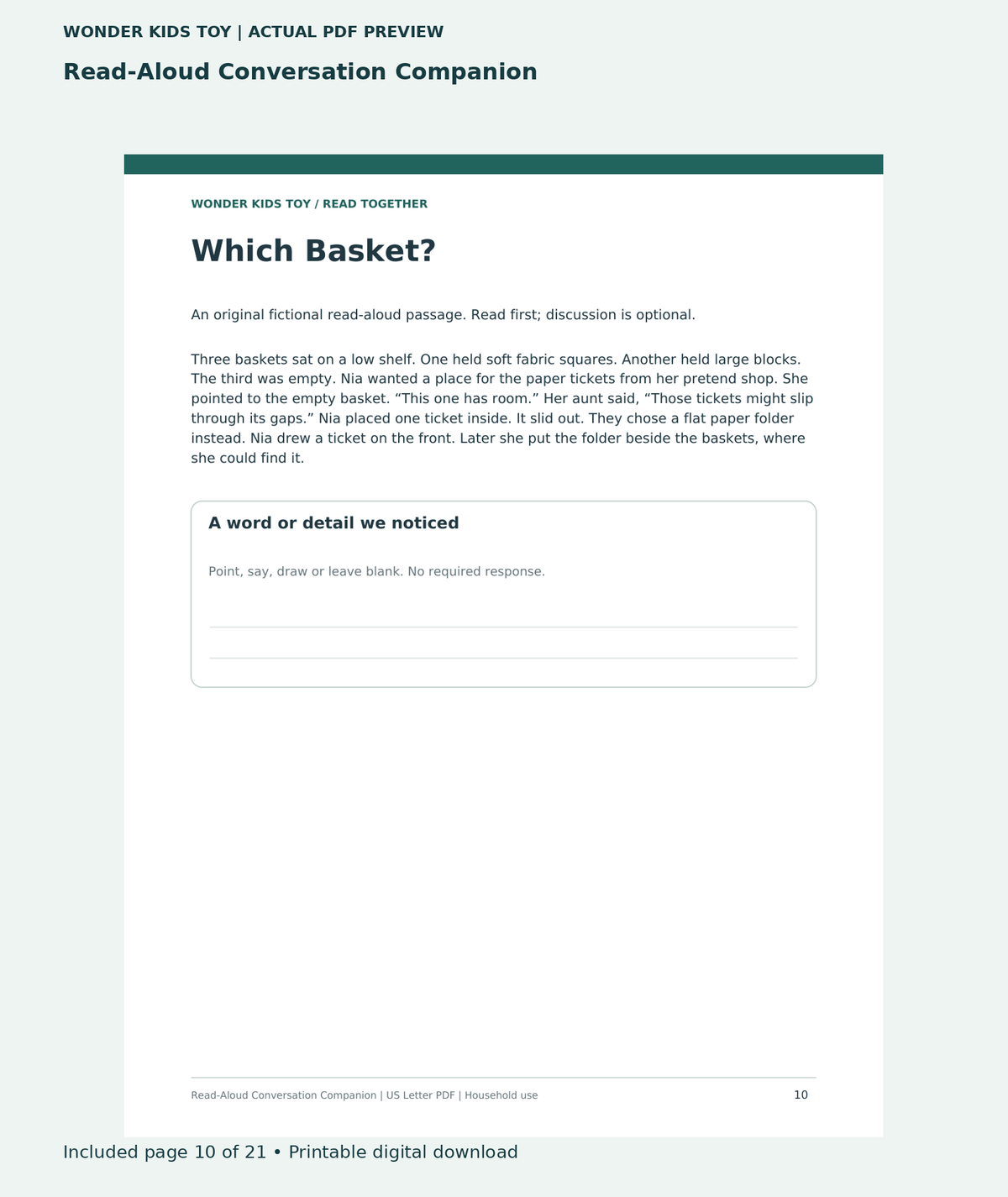 Read-Aloud Conversation Companion: actual included PDF page 10 of 21, readable interior preview