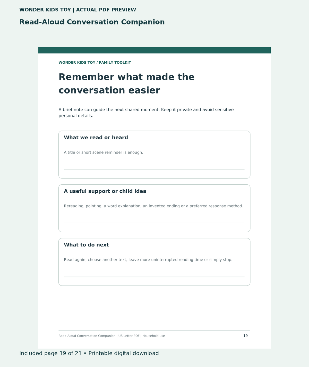 Read-Aloud Conversation Companion: actual included PDF page 19 of 21, readable interior preview