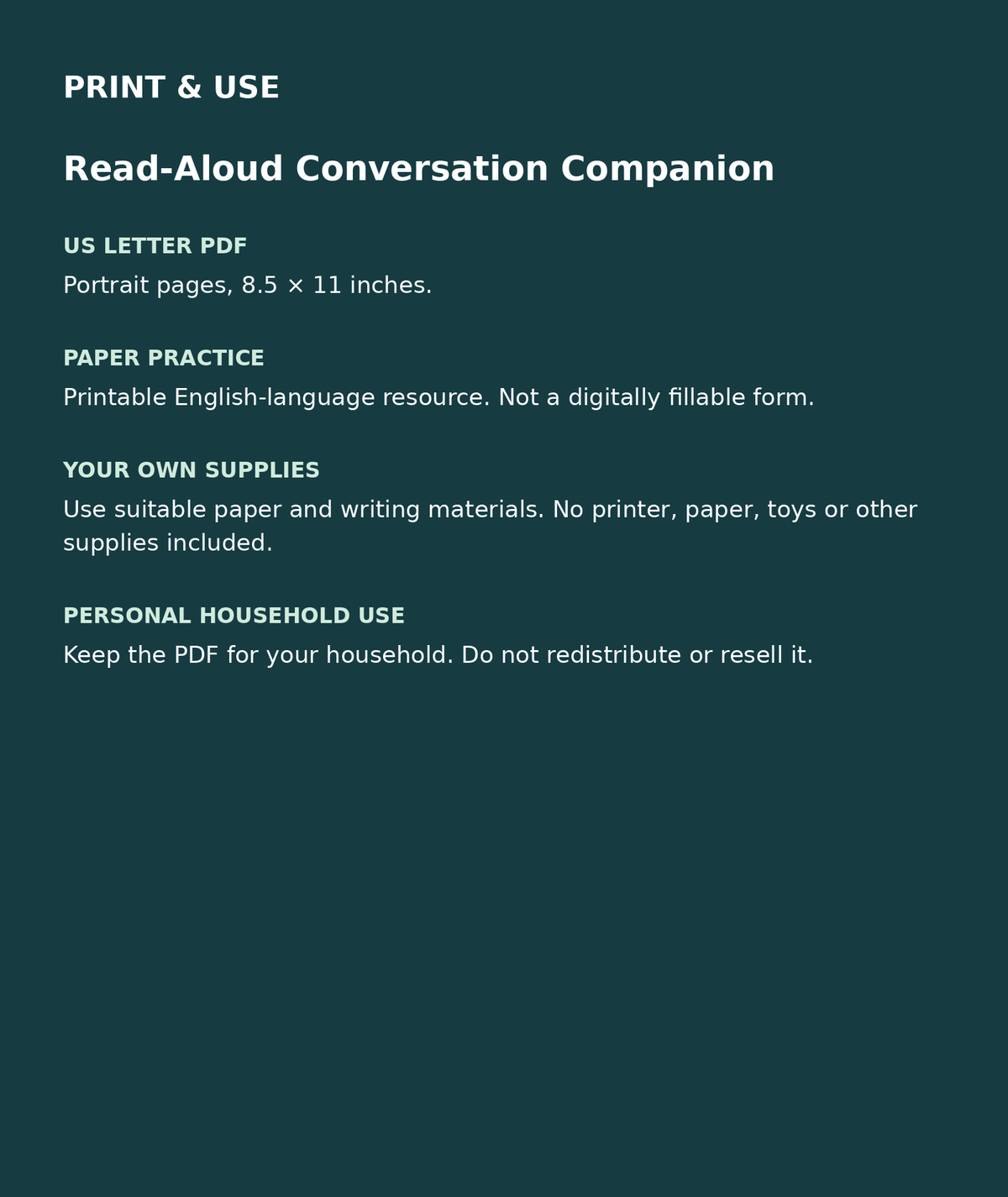 Read-Aloud Conversation Companion: US Letter English printable PDF, not fillable; own supplies required; personal household use