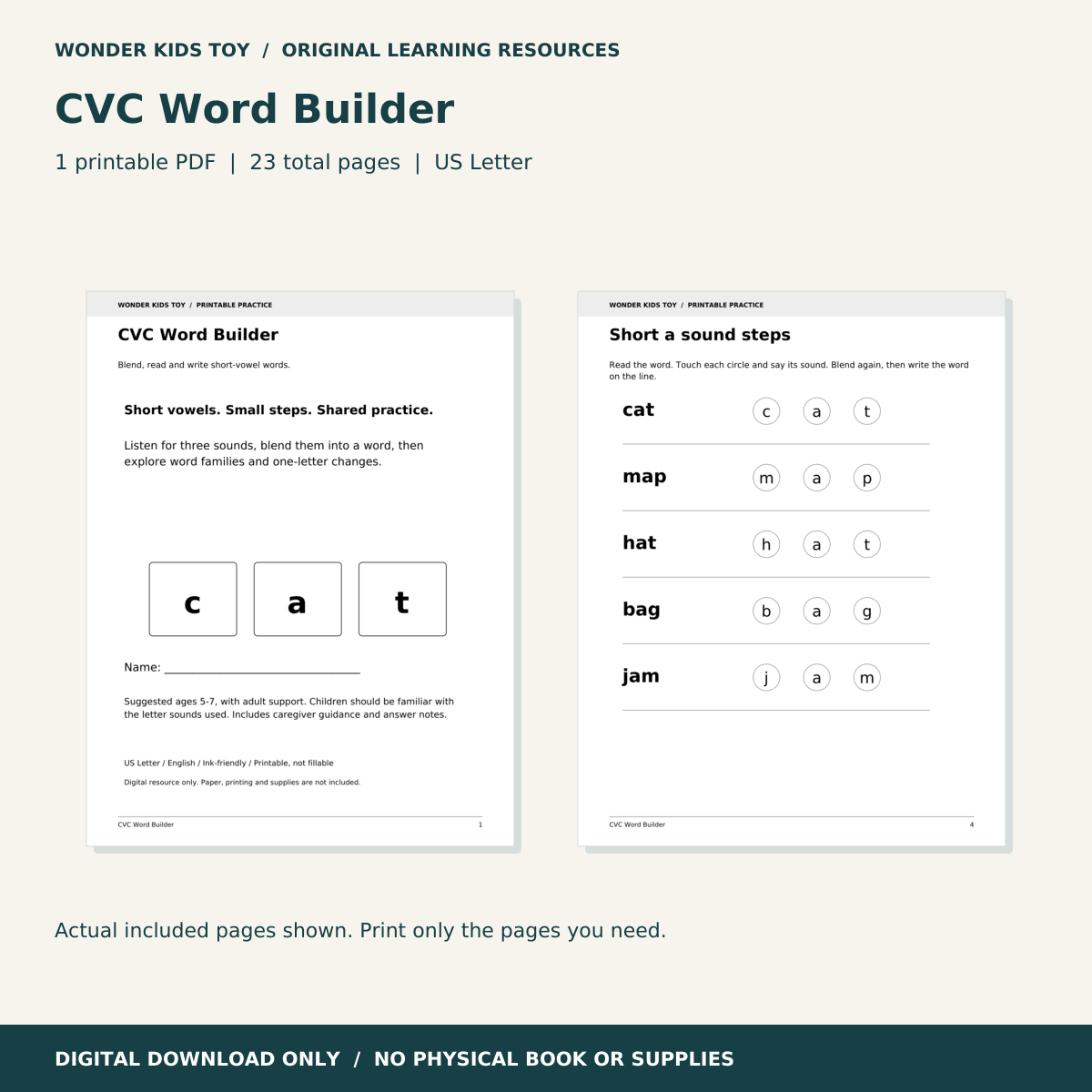 CVC Word Builder: actual PDF page previews; 23 total pages, US Letter digital download