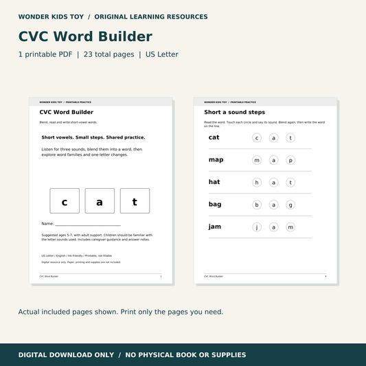 CVC Word Builder: actual PDF page previews; 23 total pages, US Letter digital download