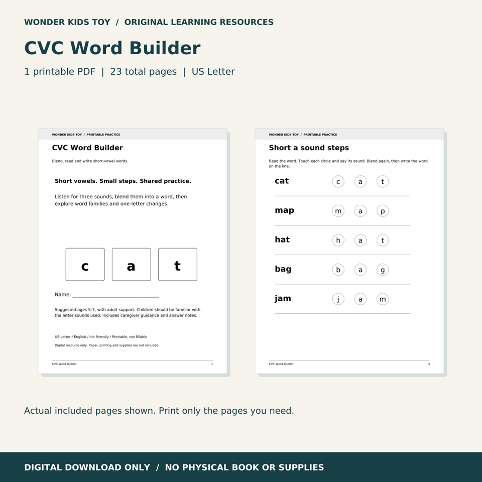 CVC Word Builder: actual PDF page previews; 23 total pages, US Letter digital download