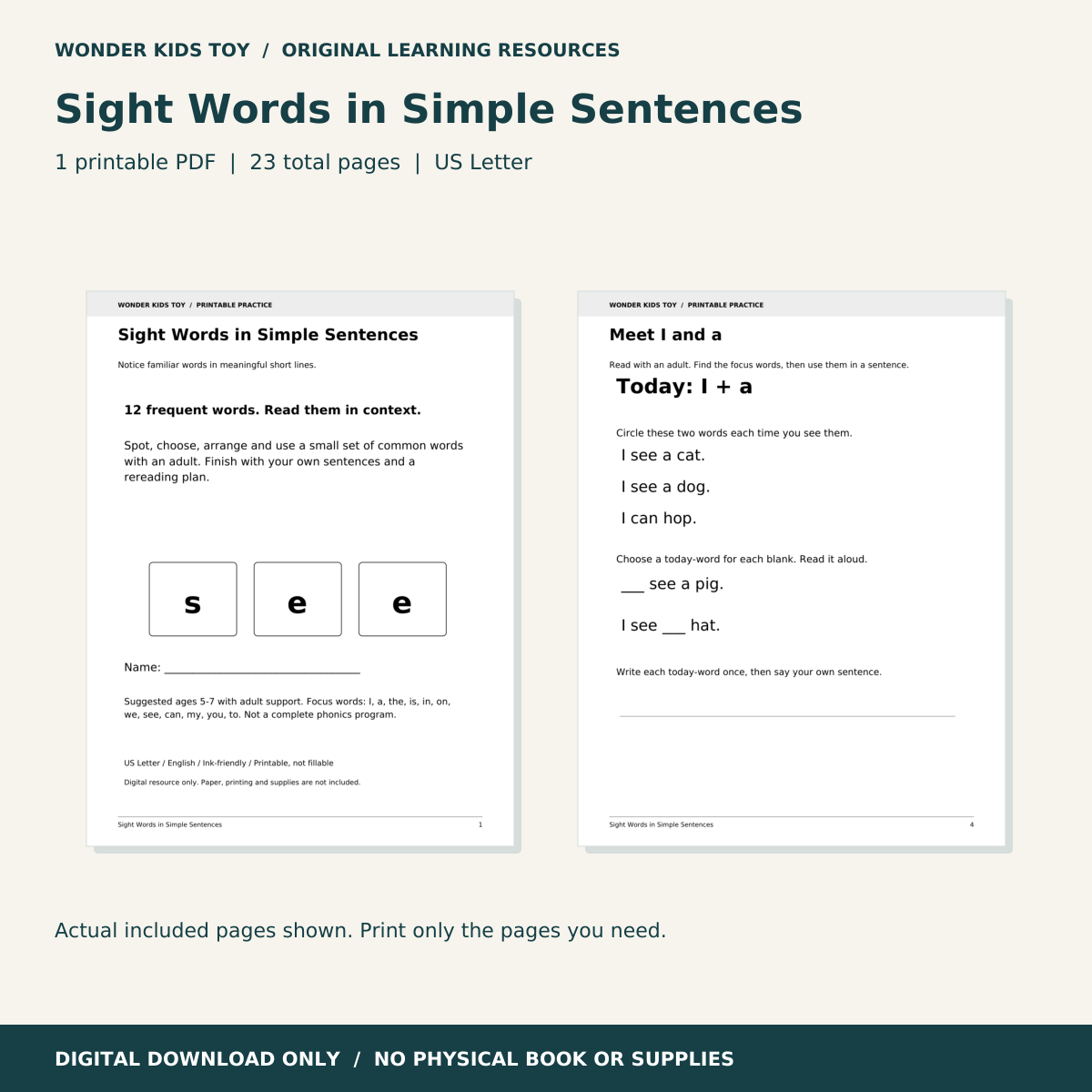 Sight Words in Simple Sentences: actual PDF page previews; 23 total pages, US Letter digital download