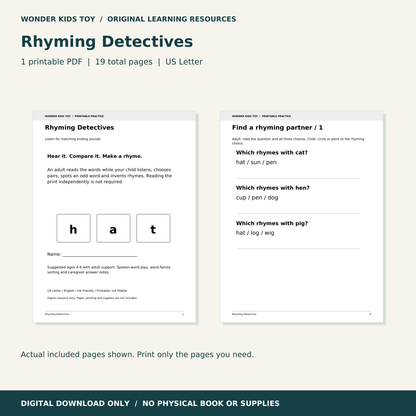 Rhyming Detectives: actual PDF page previews; 19 total pages, US Letter digital download