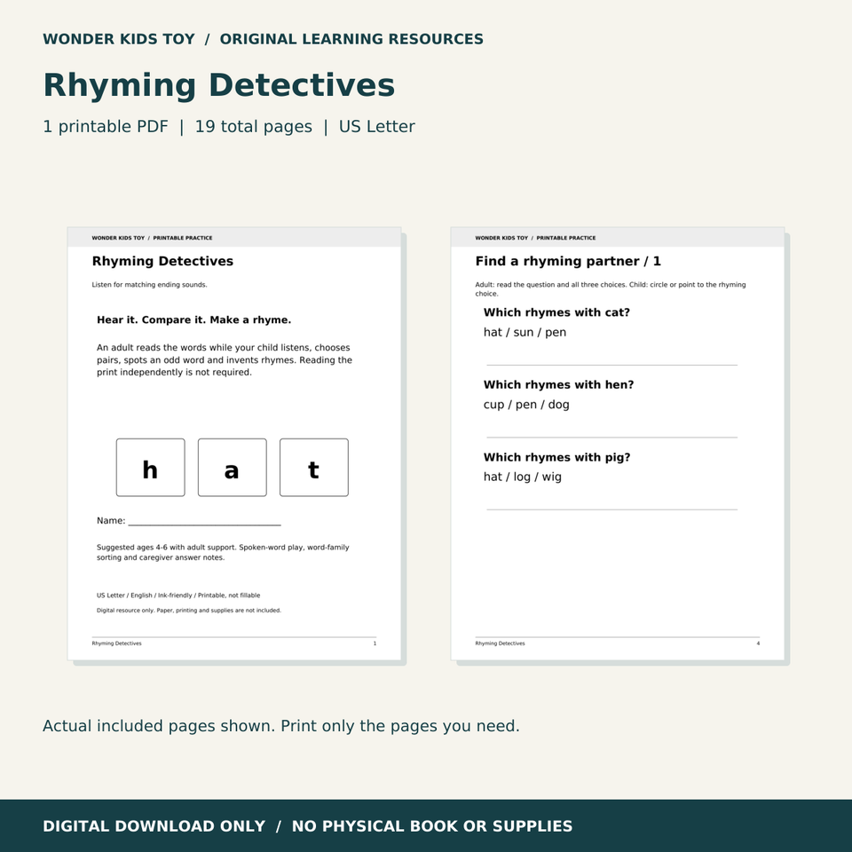 Rhyming Detectives: actual PDF page previews; 19 total pages, US Letter digital download