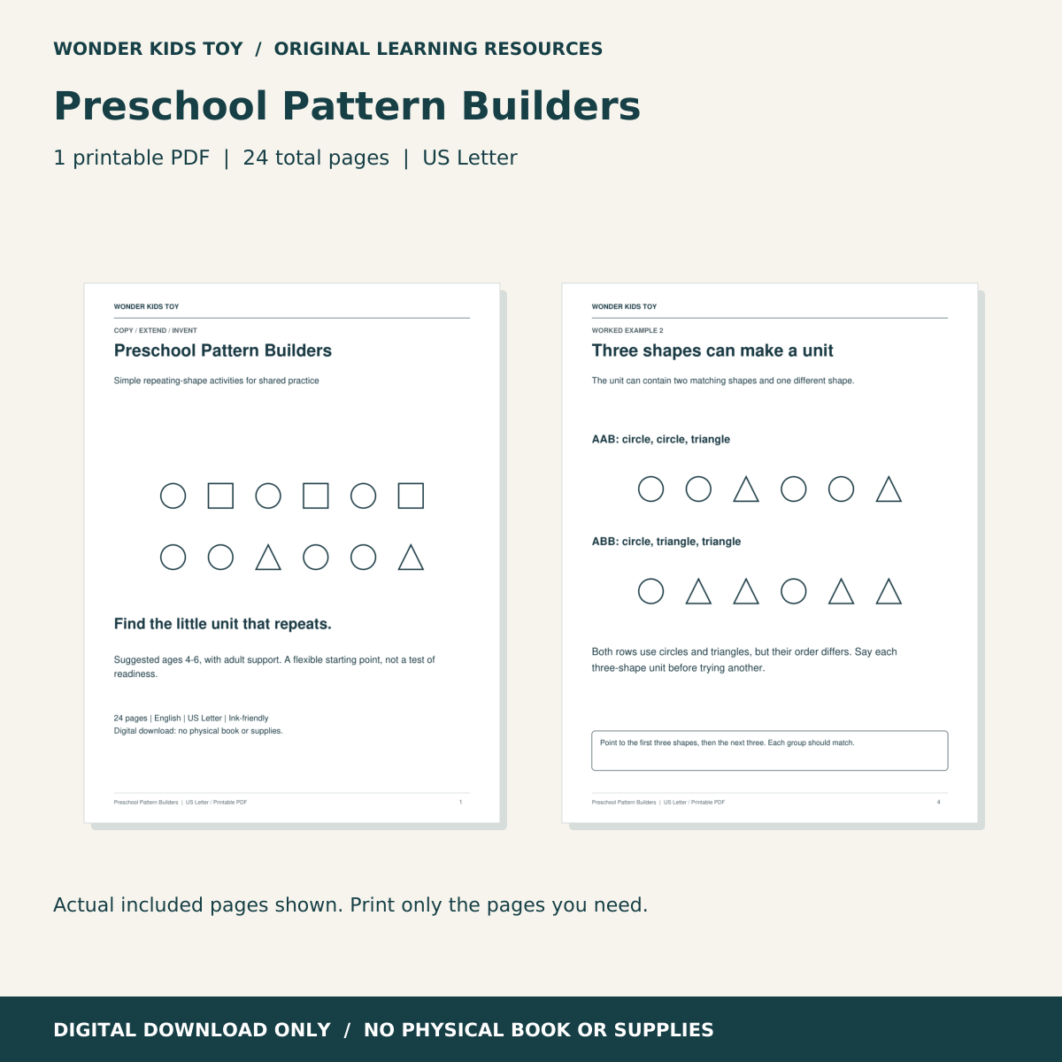 Preschool Pattern Builders: actual PDF page previews; 24 total pages, US Letter digital download