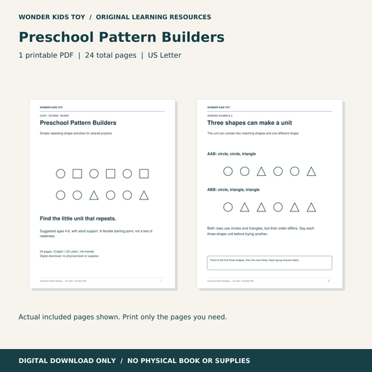 Preschool Pattern Builders: actual PDF page previews; 24 total pages, US Letter digital download