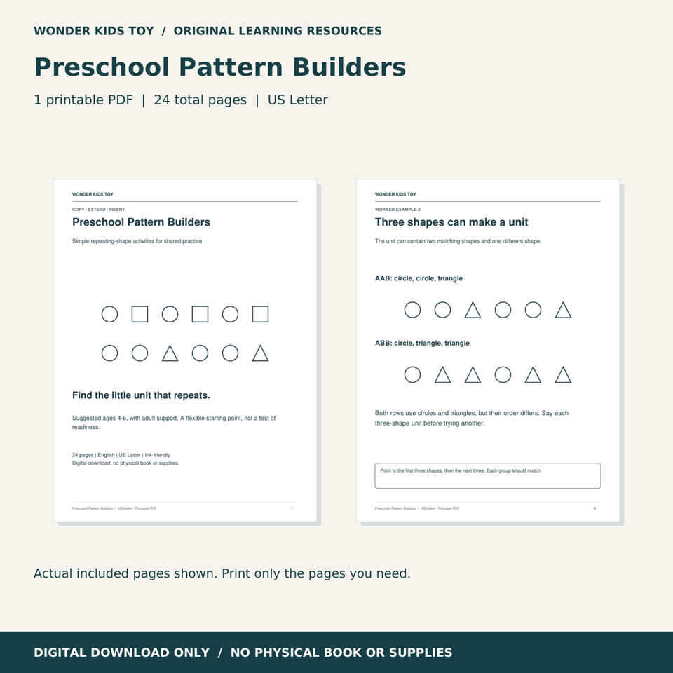 Preschool Pattern Builders: actual PDF page previews; 24 total pages, US Letter digital download