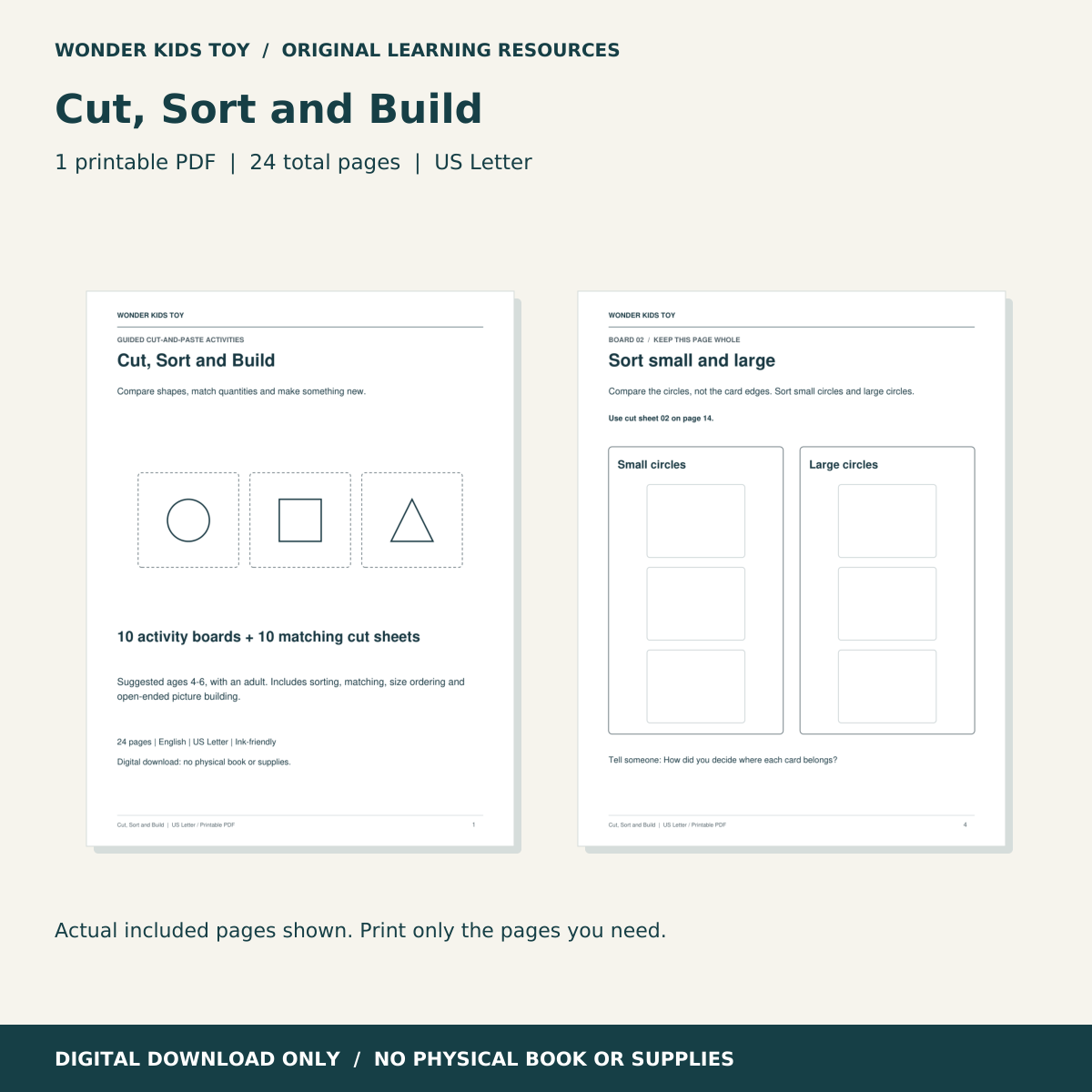Cut, Sort and Build: actual PDF page previews; 24 total pages, US Letter digital download