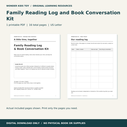 Family Reading Log and Book Conversation Kit: actual PDF page previews; 16 total pages, US Letter digital download
