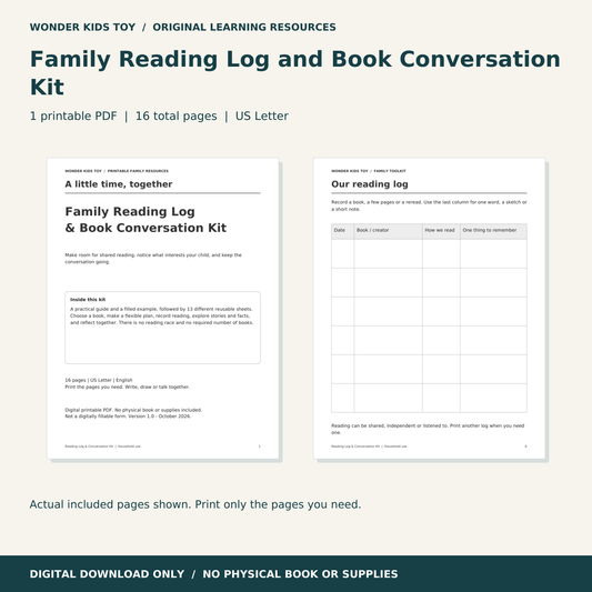 Family Reading Log and Book Conversation Kit: actual PDF page previews; 16 total pages, US Letter digital download