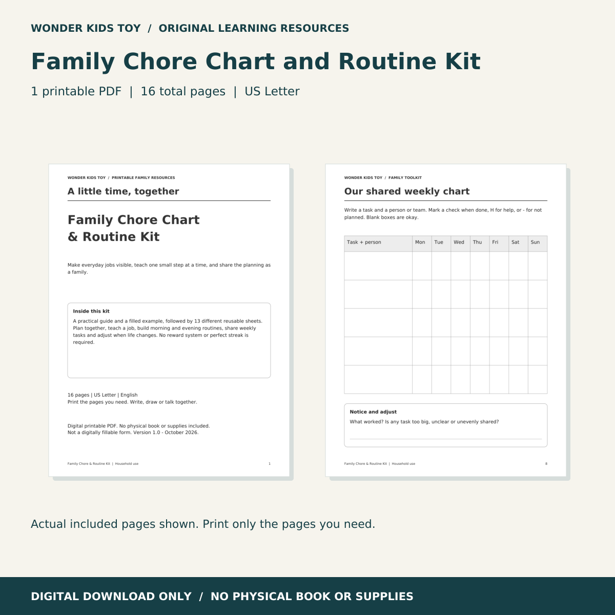 Family Chore Chart and Routine Kit: actual PDF page previews; 16 total pages, US Letter digital download