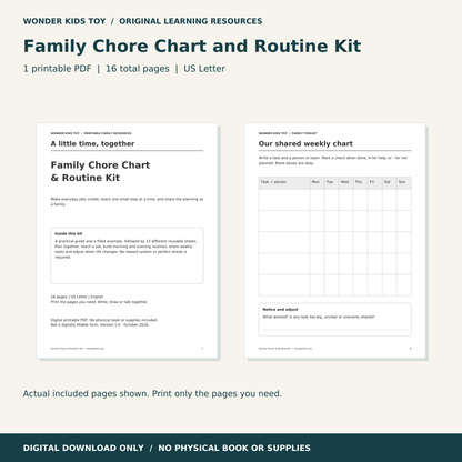 Family Chore Chart and Routine Kit: actual PDF page previews; 16 total pages, US Letter digital download