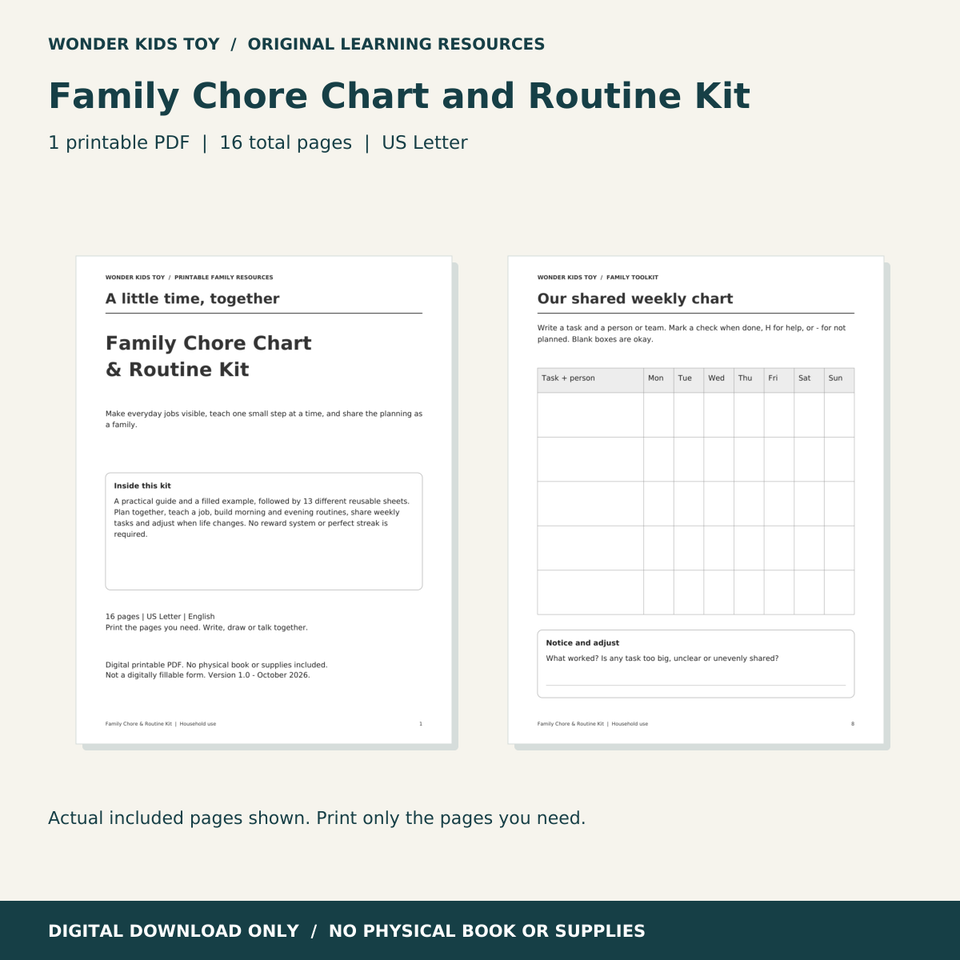 Family Chore Chart and Routine Kit: actual PDF page previews; 16 total pages, US Letter digital download