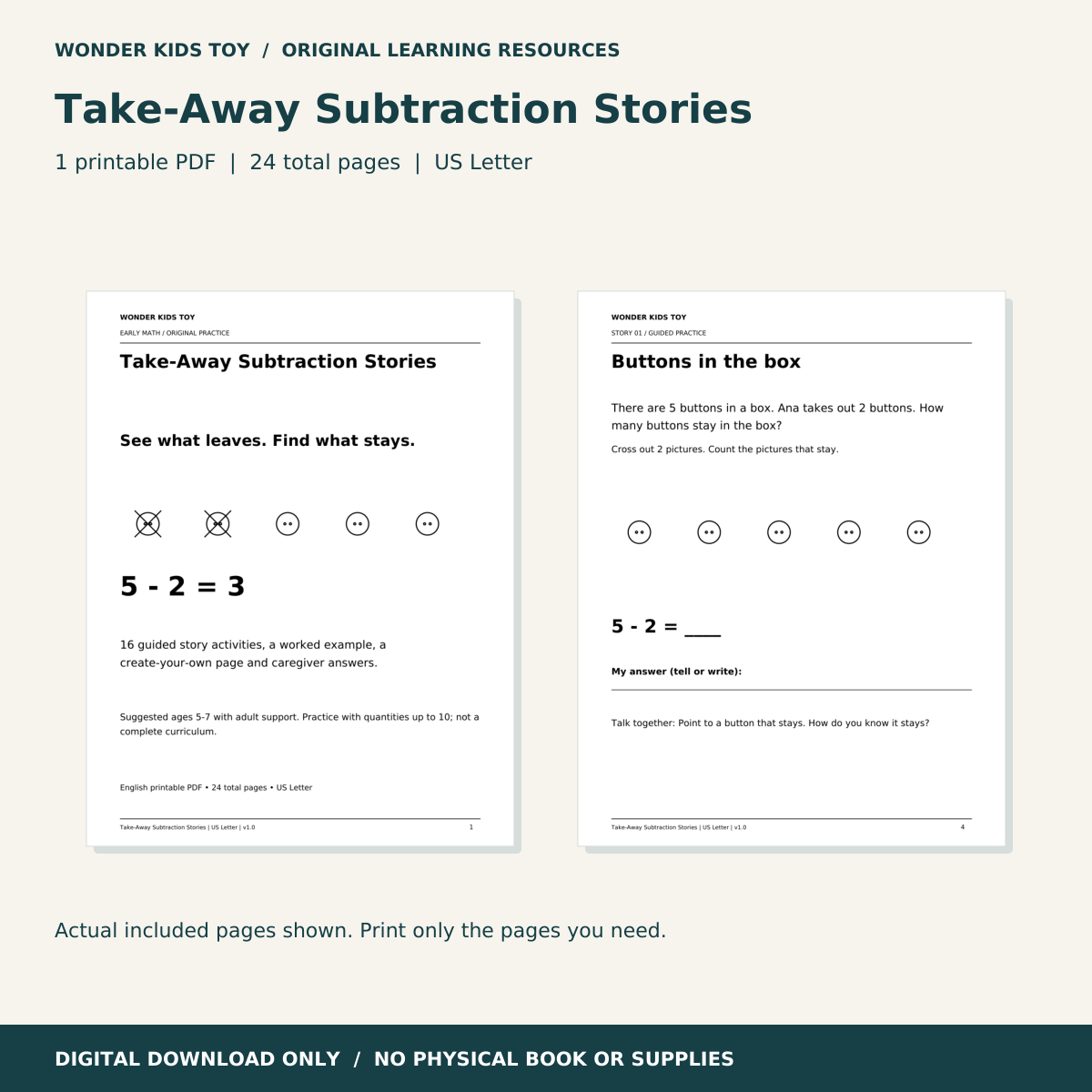 Take-Away Subtraction Stories: actual PDF page previews; 24 total pages, US Letter digital download
