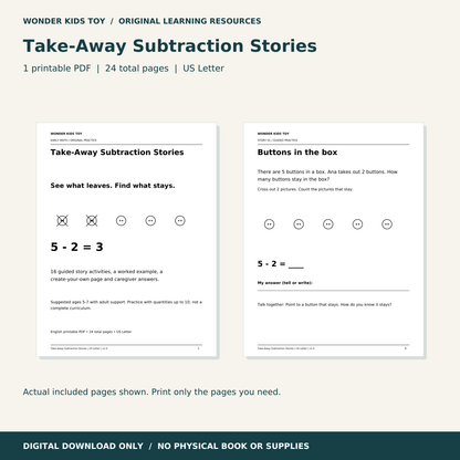 Take-Away Subtraction Stories: actual PDF page previews; 24 total pages, US Letter digital download