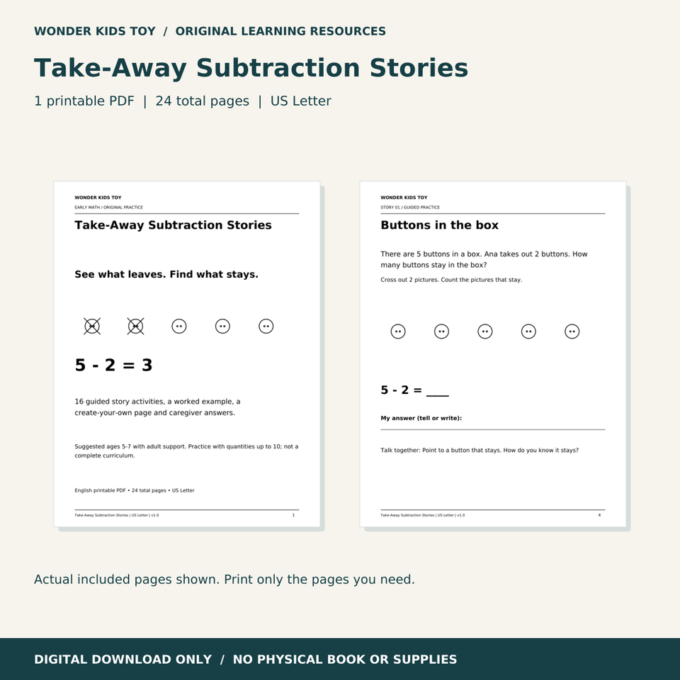 Take-Away Subtraction Stories: actual PDF page previews; 24 total pages, US Letter digital download