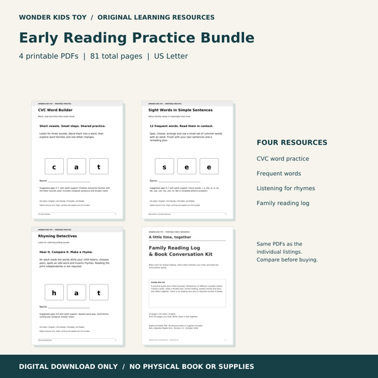 Early Reading Practice Bundle: actual PDF page previews; 81 total pages, US Letter digital download