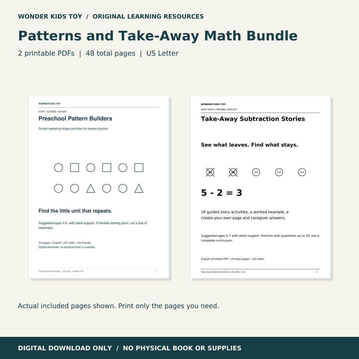 Patterns and Take-Away Math Bundle: actual PDF page previews; 48 total pages, US Letter digital download