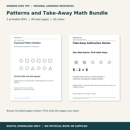 Patterns and Take-Away Math Bundle: actual PDF page previews; 48 total pages, US Letter digital download