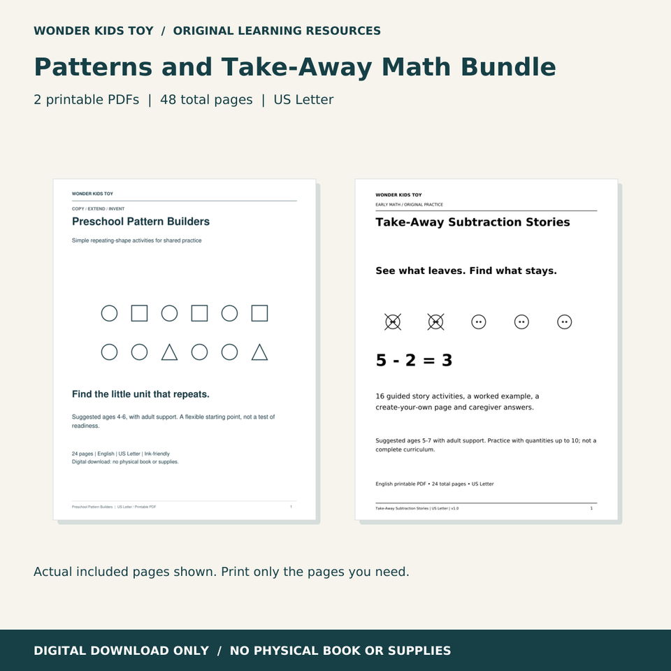 Patterns and Take-Away Math Bundle: actual PDF page previews; 48 total pages, US Letter digital download
