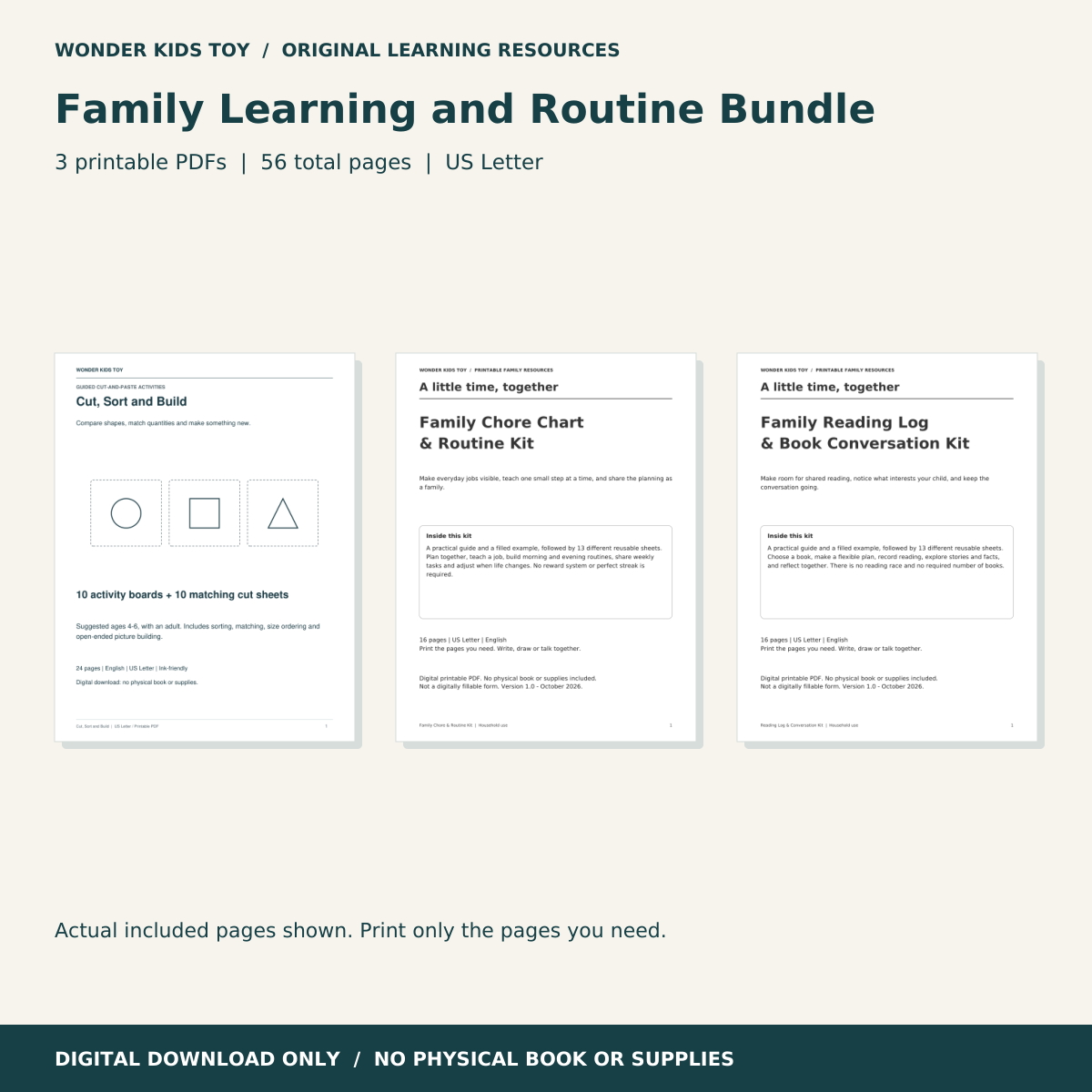 Family Learning and Routine Bundle: actual PDF page previews; 56 total pages, US Letter digital download
