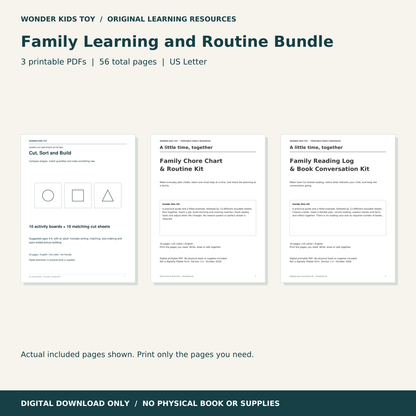 Family Learning and Routine Bundle: actual PDF page previews; 56 total pages, US Letter digital download