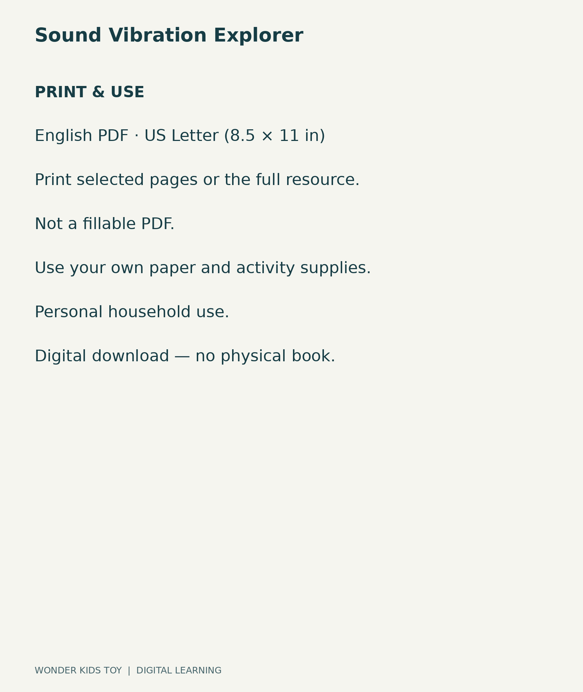 Sound Vibration Explorer: US Letter English printable PDF, not fillable; own supplies required; personal household use