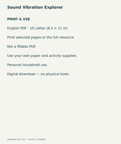 Sound Vibration Explorer: US Letter English printable PDF, not fillable; own supplies required; personal household use