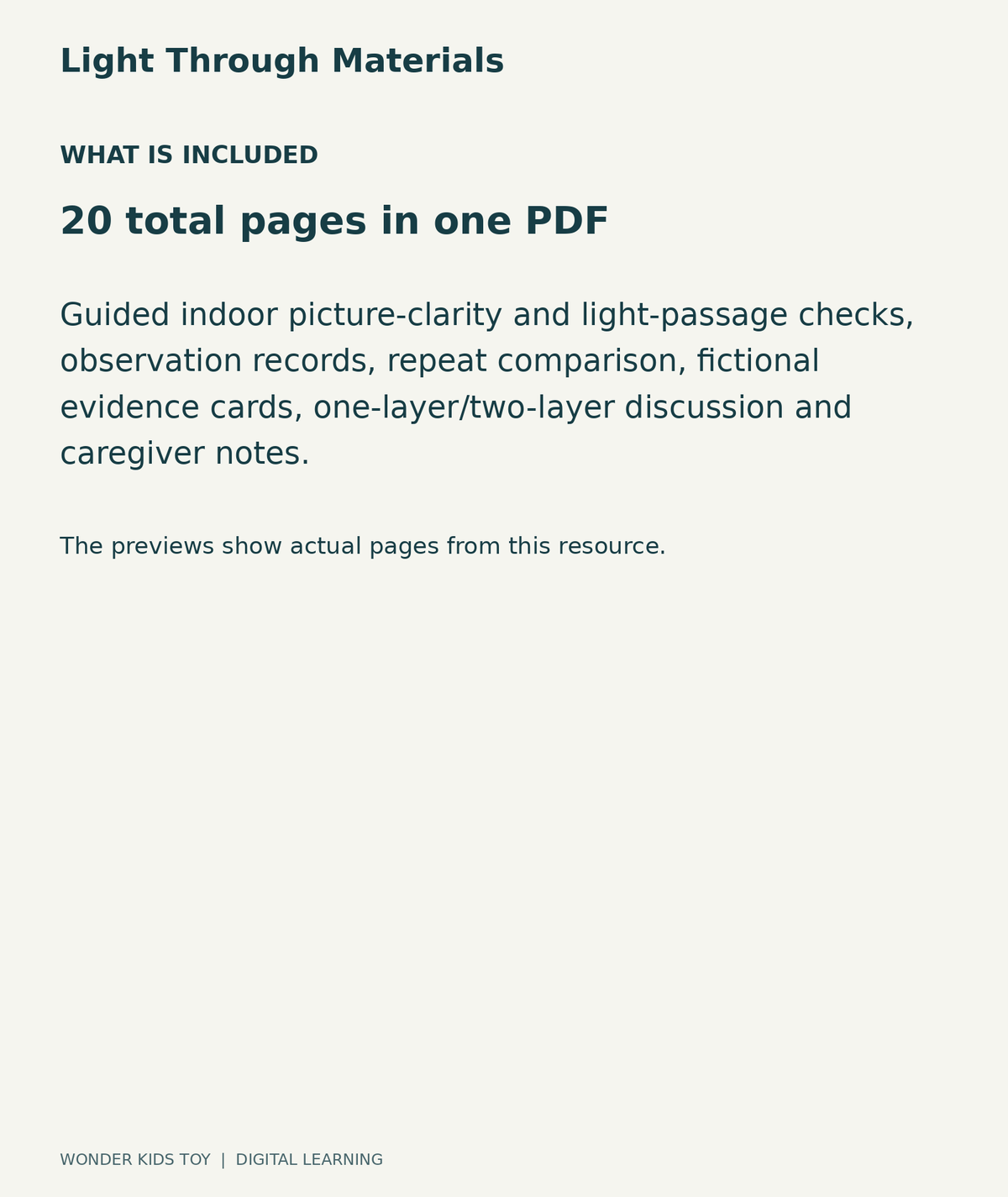 Light Through Materials: contents overview, 20 total pages in one PDF; Guided indoor picture-clarity and light-passage checks, observation records, repeat comparison, fictional evidence cards, one-layer/two-layer discussion and caregiver notes.