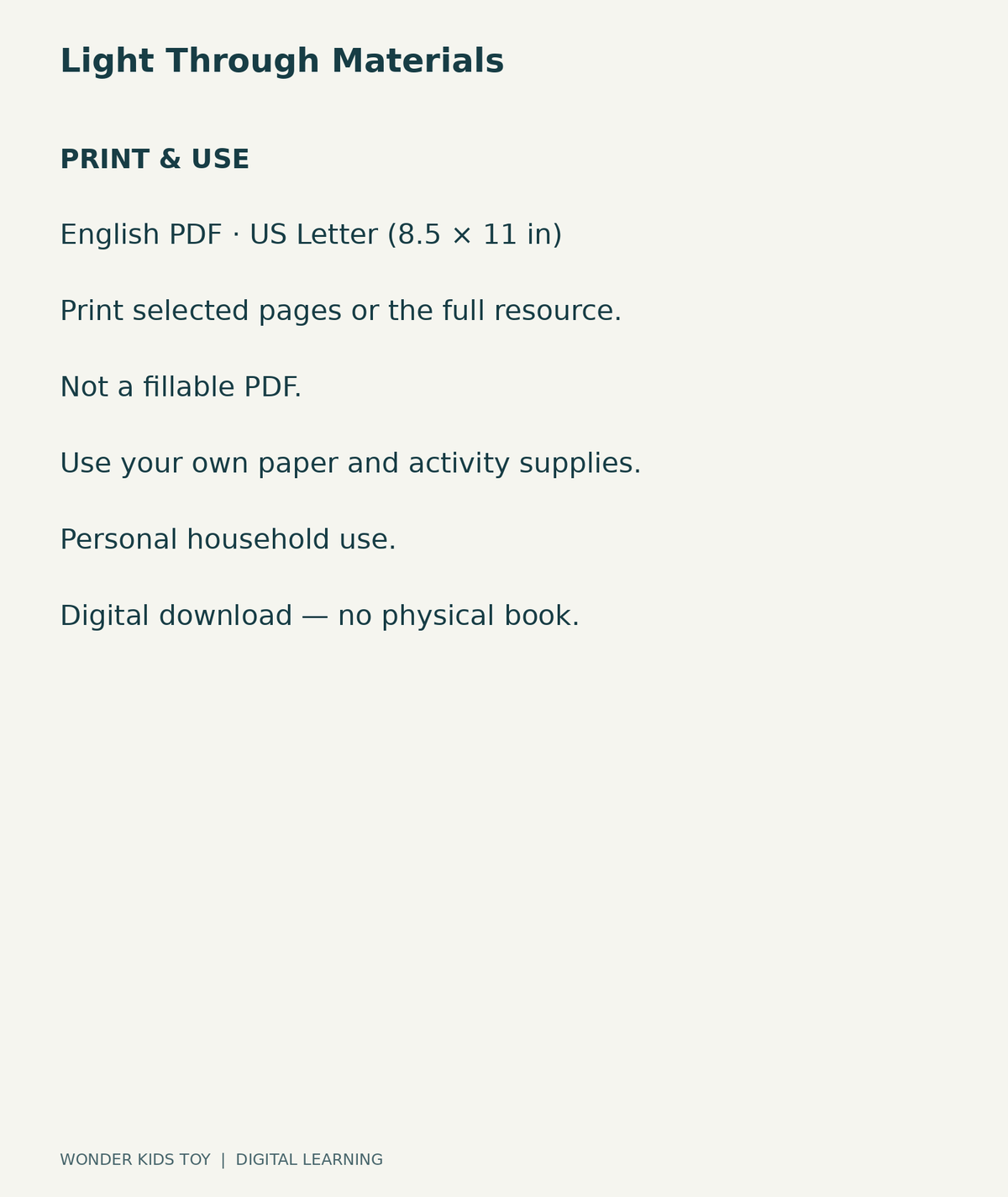 Light Through Materials: US Letter English printable PDF, not fillable; own supplies required; personal household use