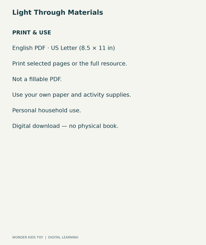 Light Through Materials: US Letter English printable PDF, not fillable; own supplies required; personal household use