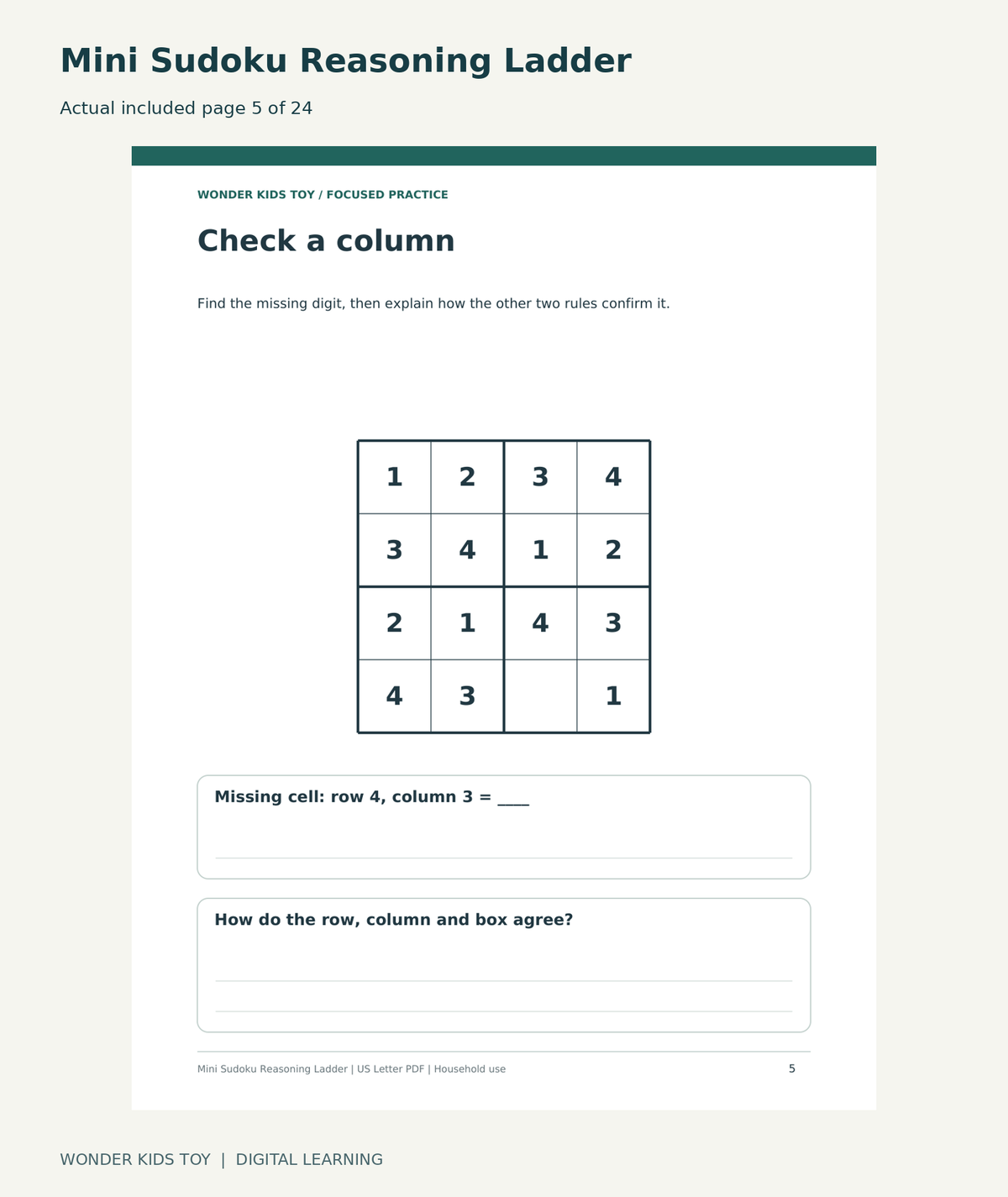 Mini Sudoku Reasoning Ladder: actual included PDF page 5 of 24, readable interior preview