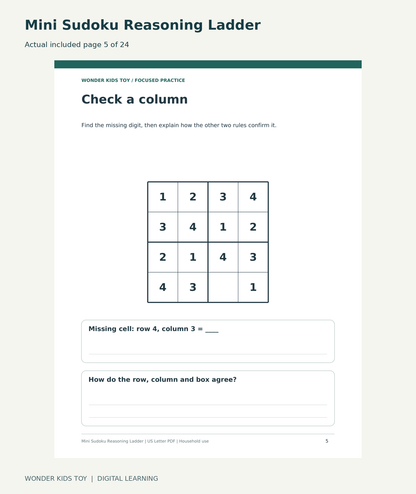 Mini Sudoku Reasoning Ladder: actual included PDF page 5 of 24, readable interior preview
