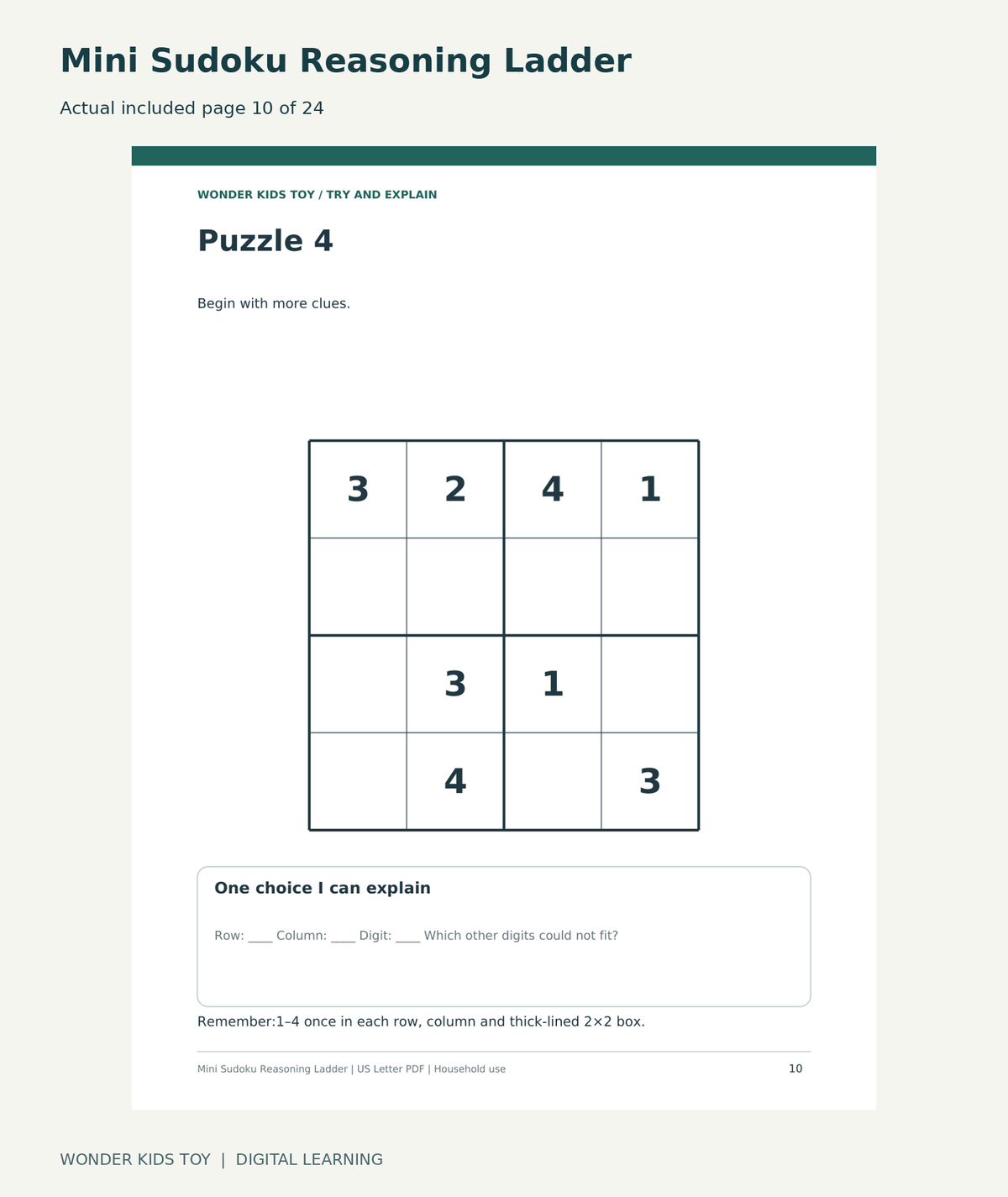 Mini Sudoku Reasoning Ladder: actual included PDF page 10 of 24, readable interior preview