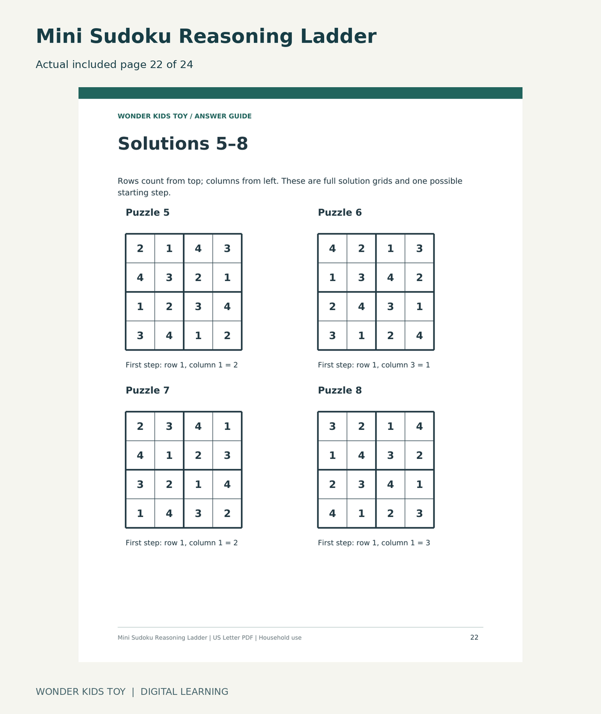 Mini Sudoku Reasoning Ladder: actual included PDF page 22 of 24, readable interior preview