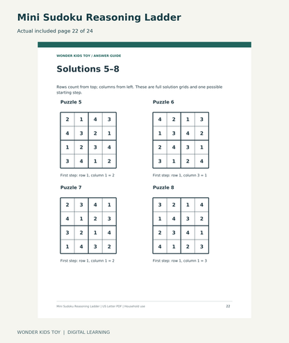 Mini Sudoku Reasoning Ladder: actual included PDF page 22 of 24, readable interior preview