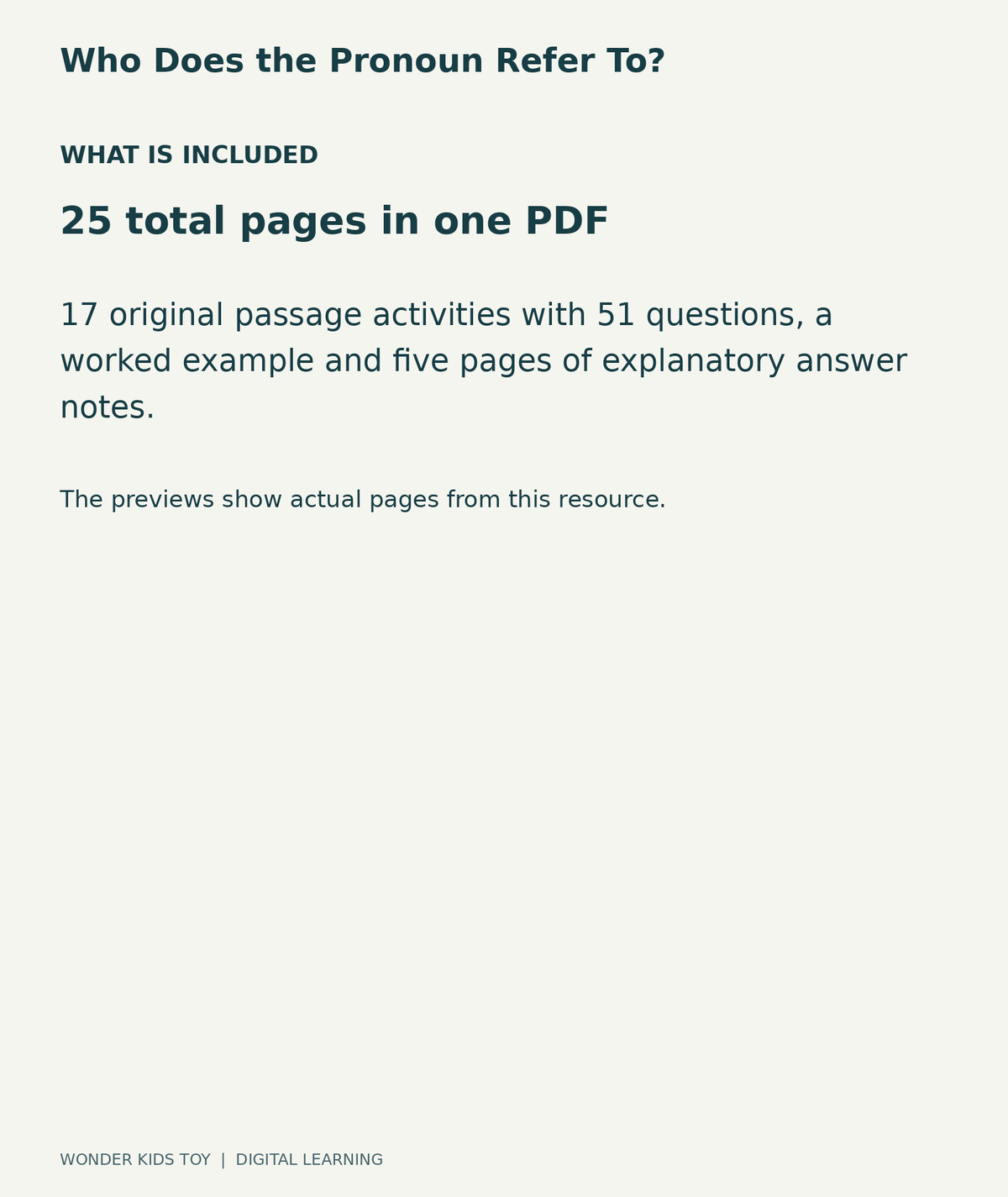 Who Does the Pronoun Refer To?: contents overview, 25 total pages in one PDF; 17 original passage activities with 51 questions, a worked example and five pages of explanatory answer notes.