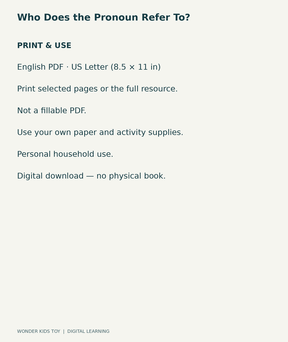 Who Does the Pronoun Refer To?: US Letter English printable PDF, not fillable; own supplies required; personal household use