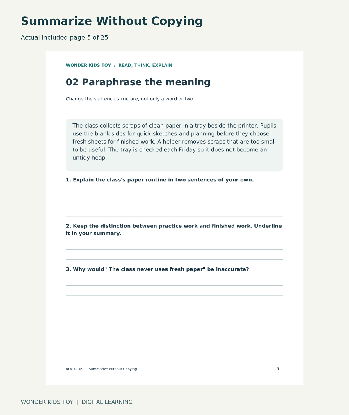 Summarize Without Copying: actual included PDF page 5 of 25, readable interior preview