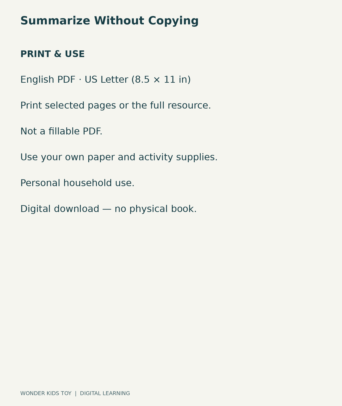 Summarize Without Copying: US Letter English printable PDF, not fillable; own supplies required; personal household use