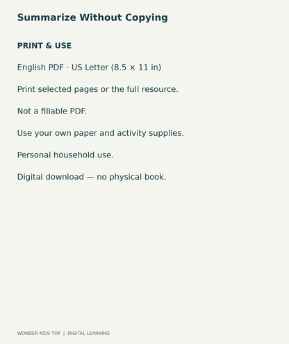 Summarize Without Copying: US Letter English printable PDF, not fillable; own supplies required; personal household use