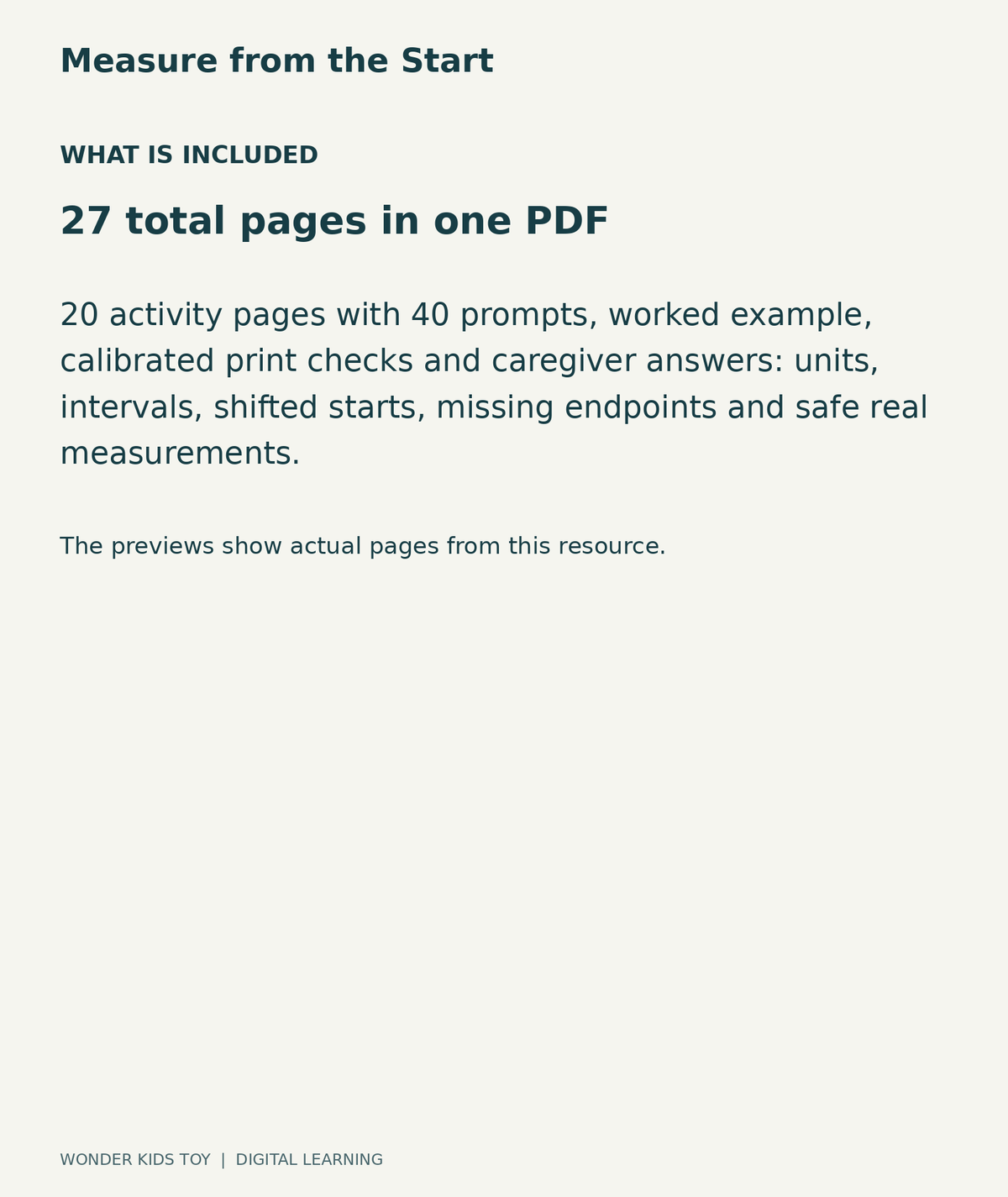 Measure from the Start: contents overview, 27 total pages in one PDF; 20 activity pages with 40 prompts, worked example, calibrated print checks and caregiver answers: units, intervals, shifted starts, missing endpoints and safe real measurements.