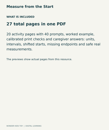 Measure from the Start: contents overview, 27 total pages in one PDF; 20 activity pages with 40 prompts, worked example, calibrated print checks and caregiver answers: units, intervals, shifted starts, missing endpoints and safe real measurements.