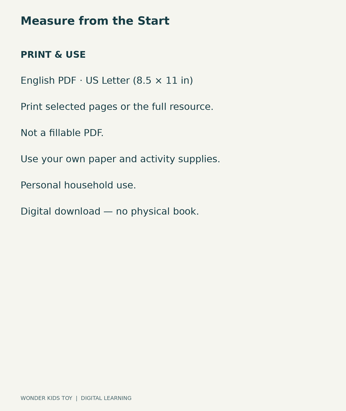 Measure from the Start: US Letter English printable PDF, not fillable; own supplies required; personal household use